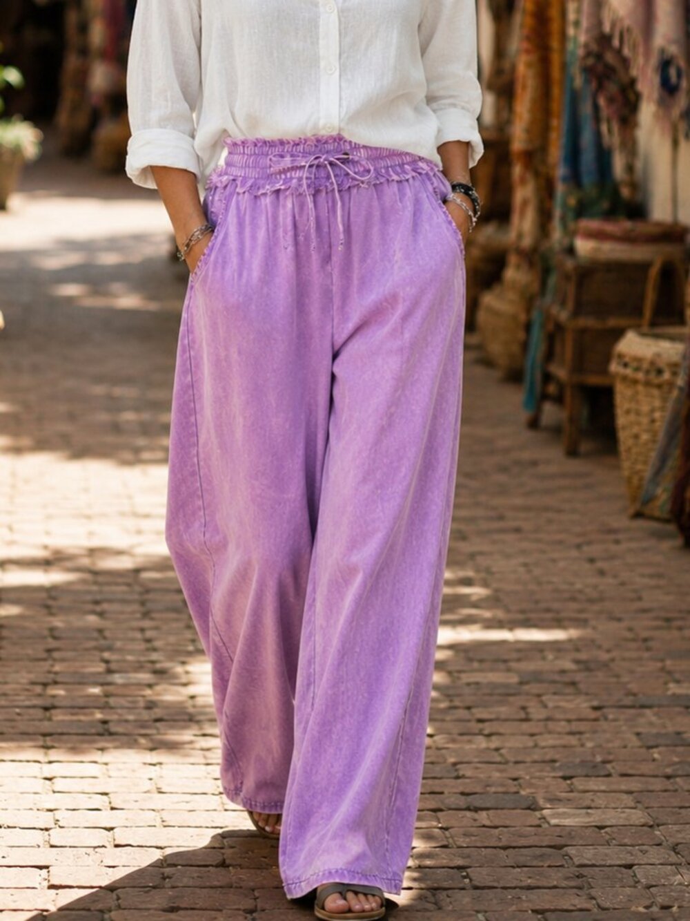 Zenana Tencel Mineral Wash Wide Leg Boho Pants Raw Edge Soft Flowy Comfy NWT
